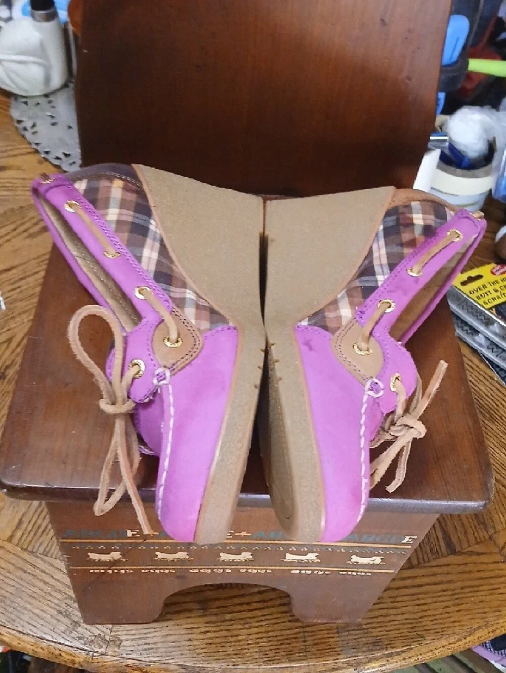 Sperry/topsider,suede Fuscia Plaid Wedge Shoes‎ with Tan Leather-Laces, Sz.8m